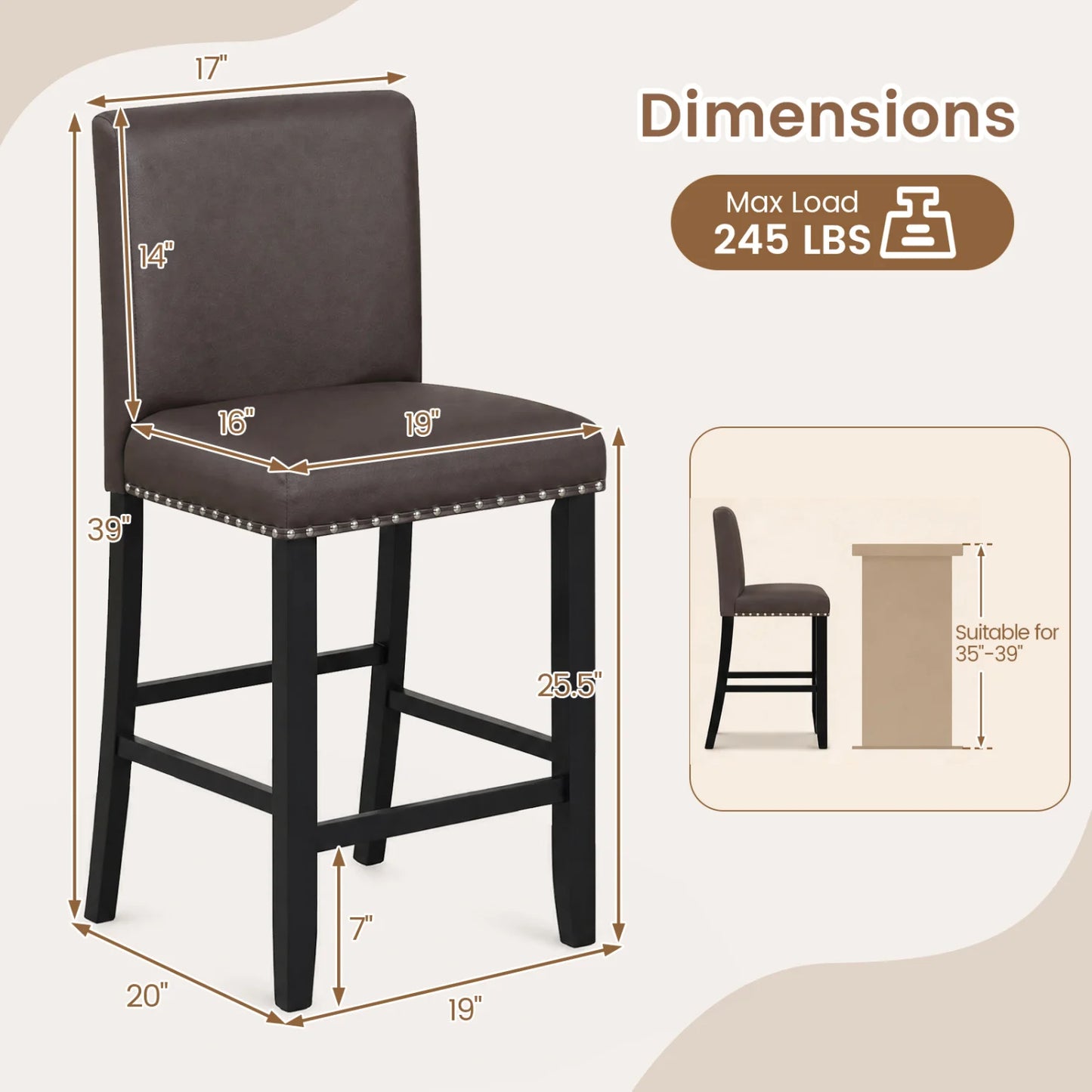 Set of 4 Bar Stools with Back for Kitchen Island-Brown