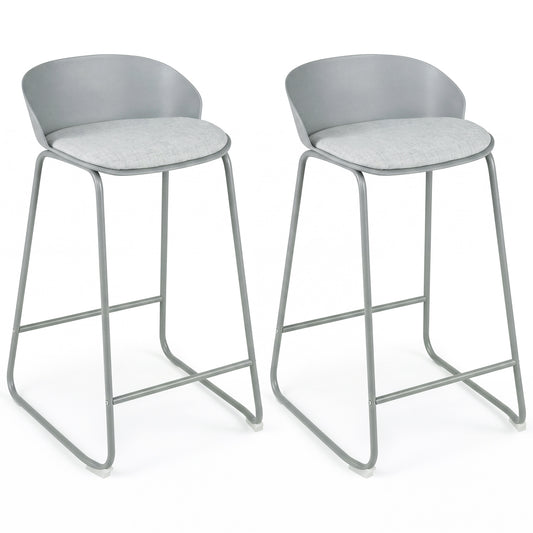 Set of 4 gray counter height bar stools with curved backrests and metal frames, ideal for kitchen and dining areas.