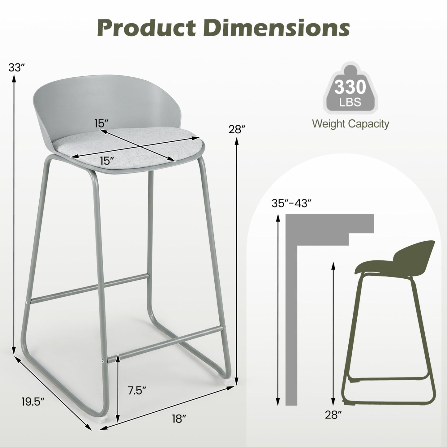 Set of 4 Counter Height Bar Stools with Curved Backrest and Metal Frame for Kitchen Dining-Gray