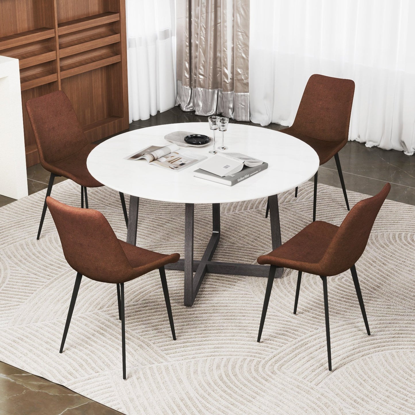 Set of 4 Dining Chair Upholstered with Metal Legs and Padded Backs-Brown