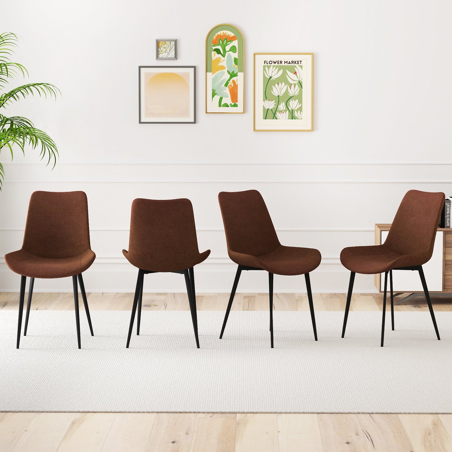 Set of 4 Dining Chair Upholstered with Metal Legs and Padded Backs-Brown