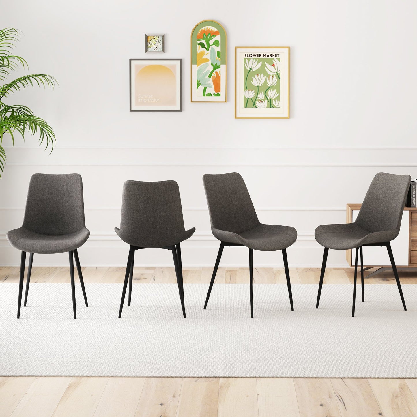 Set of 4 Dining Chair Upholstered with Metal Legs and Padded Backs-Brown