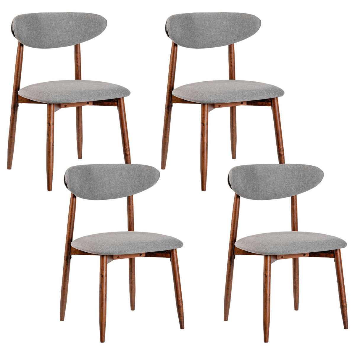 Set of four beige fabric upholstered dining chairs with curved backs, designed for kitchen and dining room use.