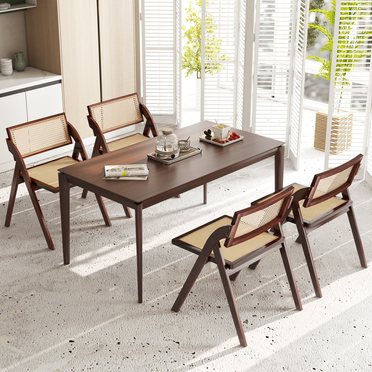 Set of 4 Foldable Dining Chairs with Woven Rattan Backrest-Brown
