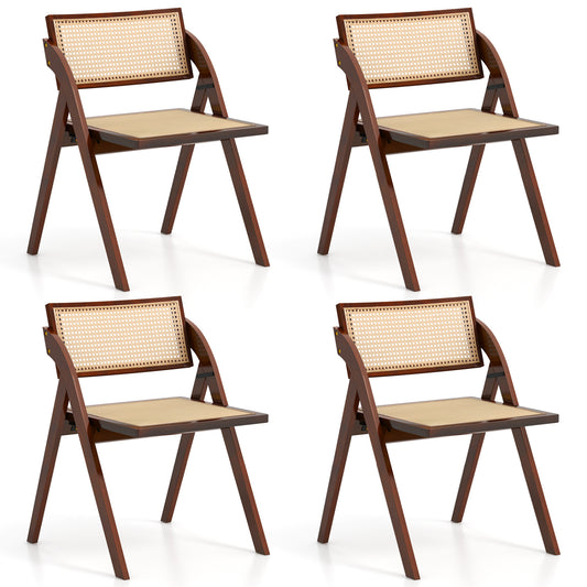Set of 4 Foldable Dining Chairs with Woven Rattan Backrest-Brown