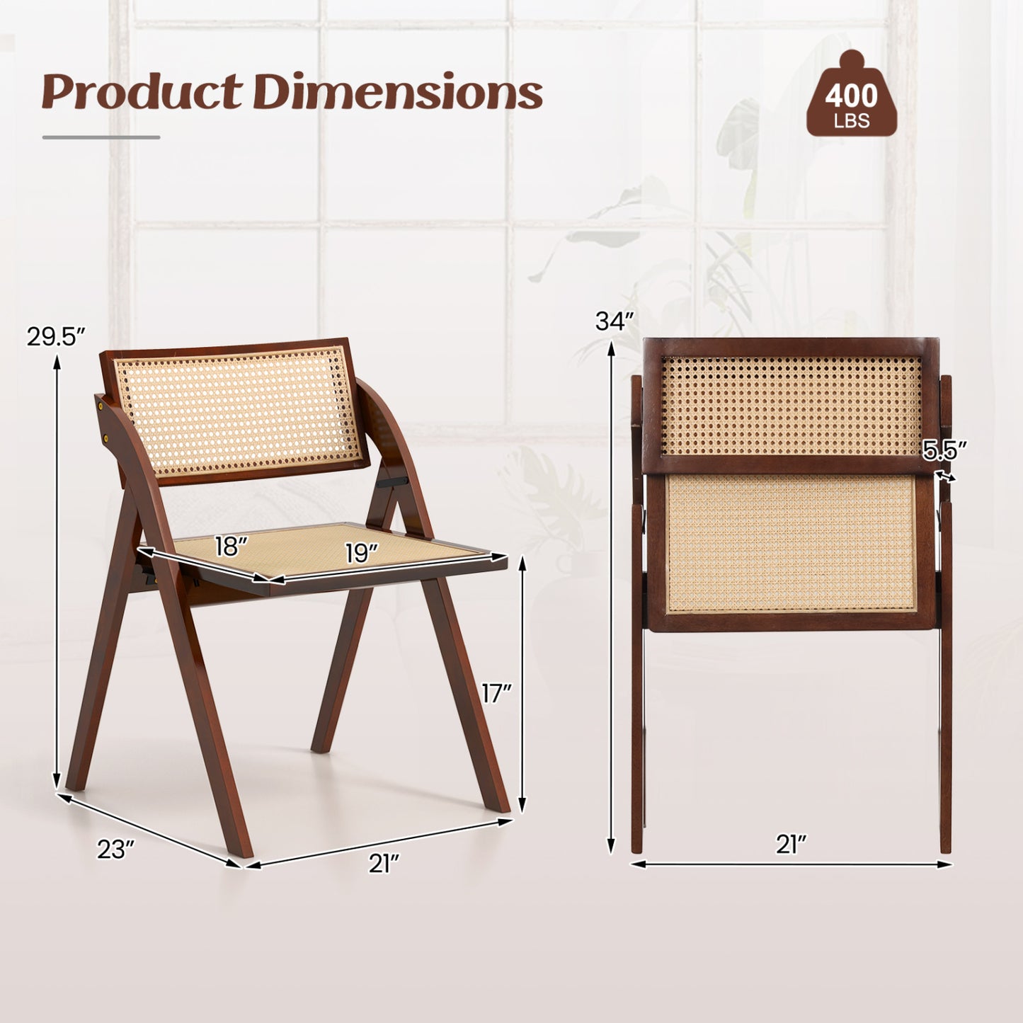 Set of 4 Foldable Dining Chairs with Woven Rattan Backrest-Brown