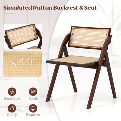 Set of 4 Foldable Dining Chairs with Woven Rattan Backrest-Brown