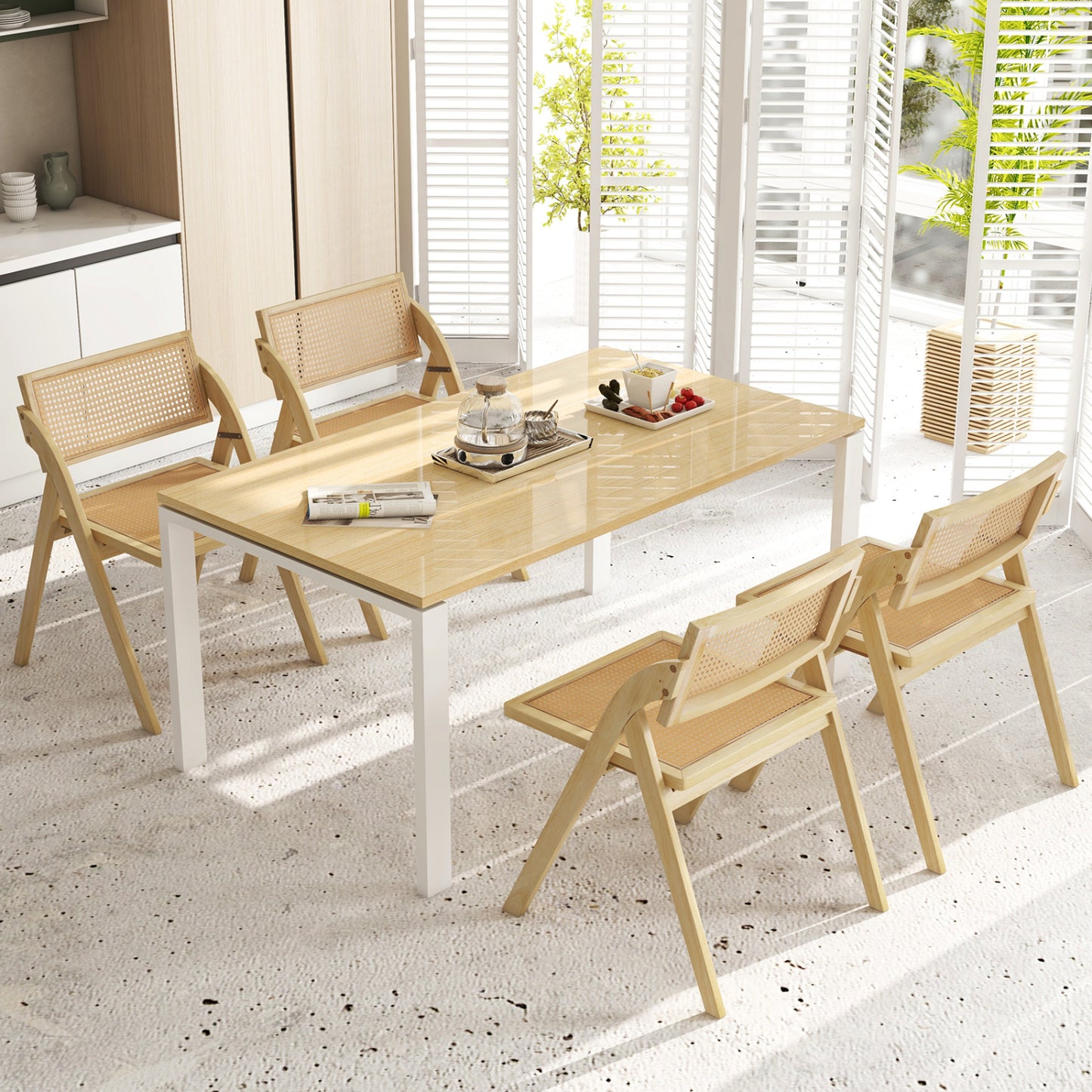 Set of 4 Foldable Dining Chairs with Woven Rattan Backrest-Brown