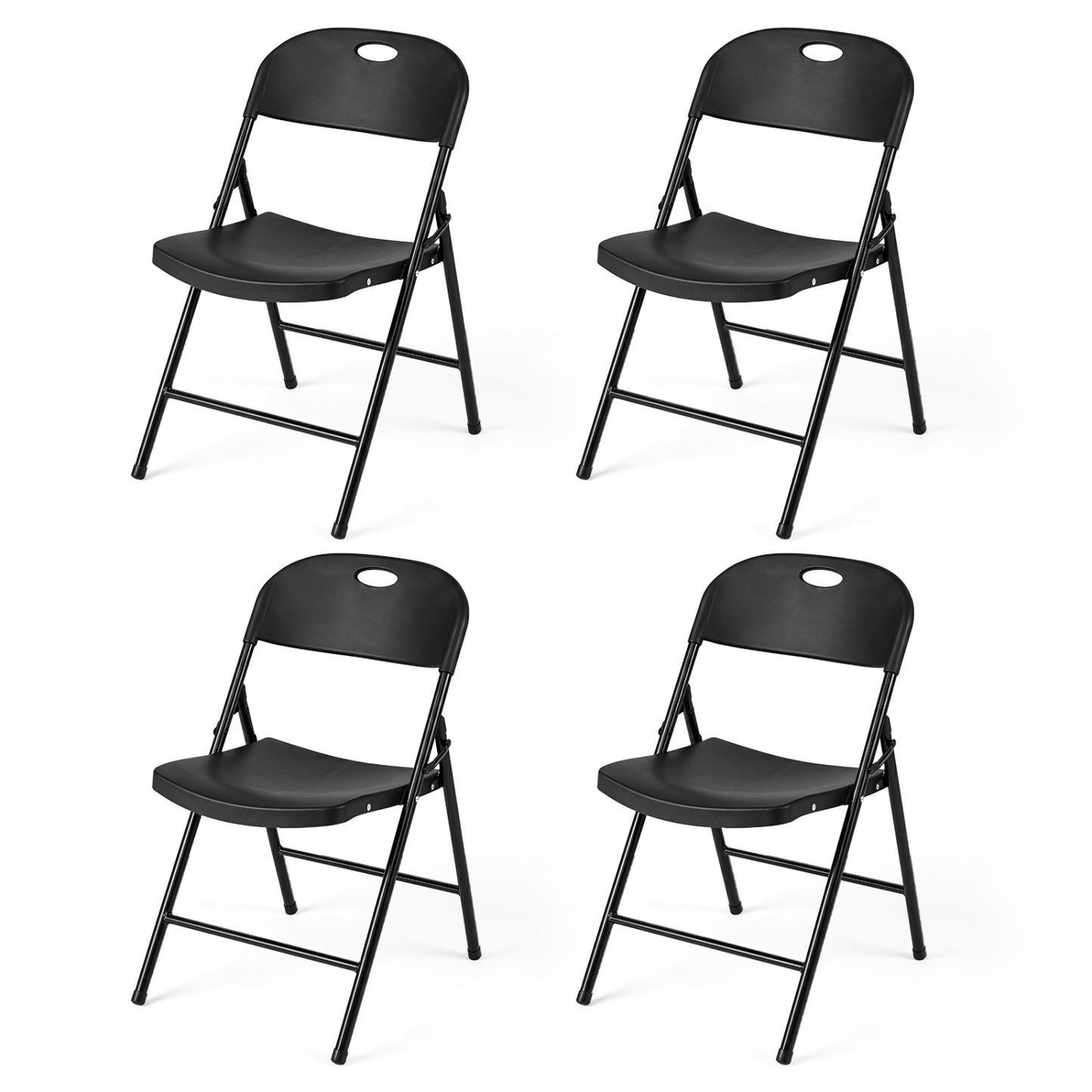 Set of 4 black foldable plastic dining chairs with ergonomic backrests, designed for versatile kitchen and dining room use.