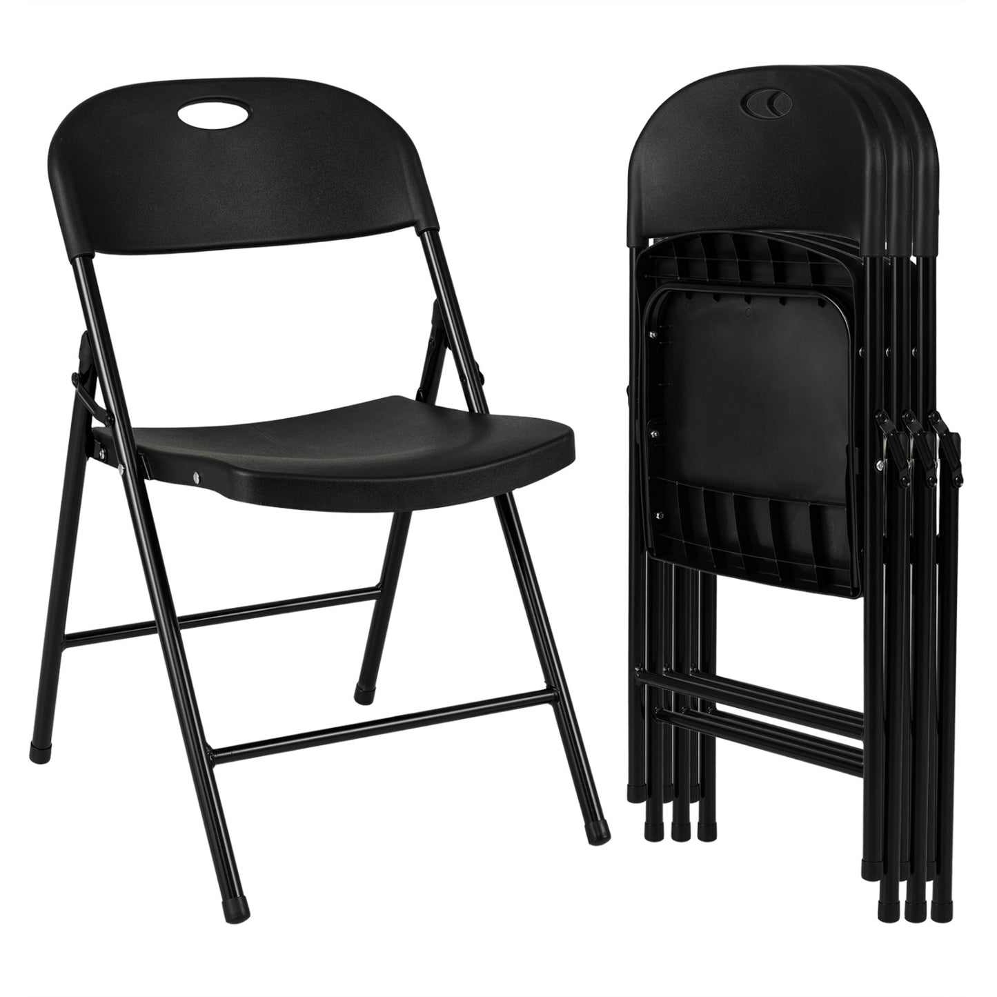 Set of 4 black foldable plastic dining chairs with ergonomic backrests by Wilsons Home Store, ideal for kitchen or dining room.