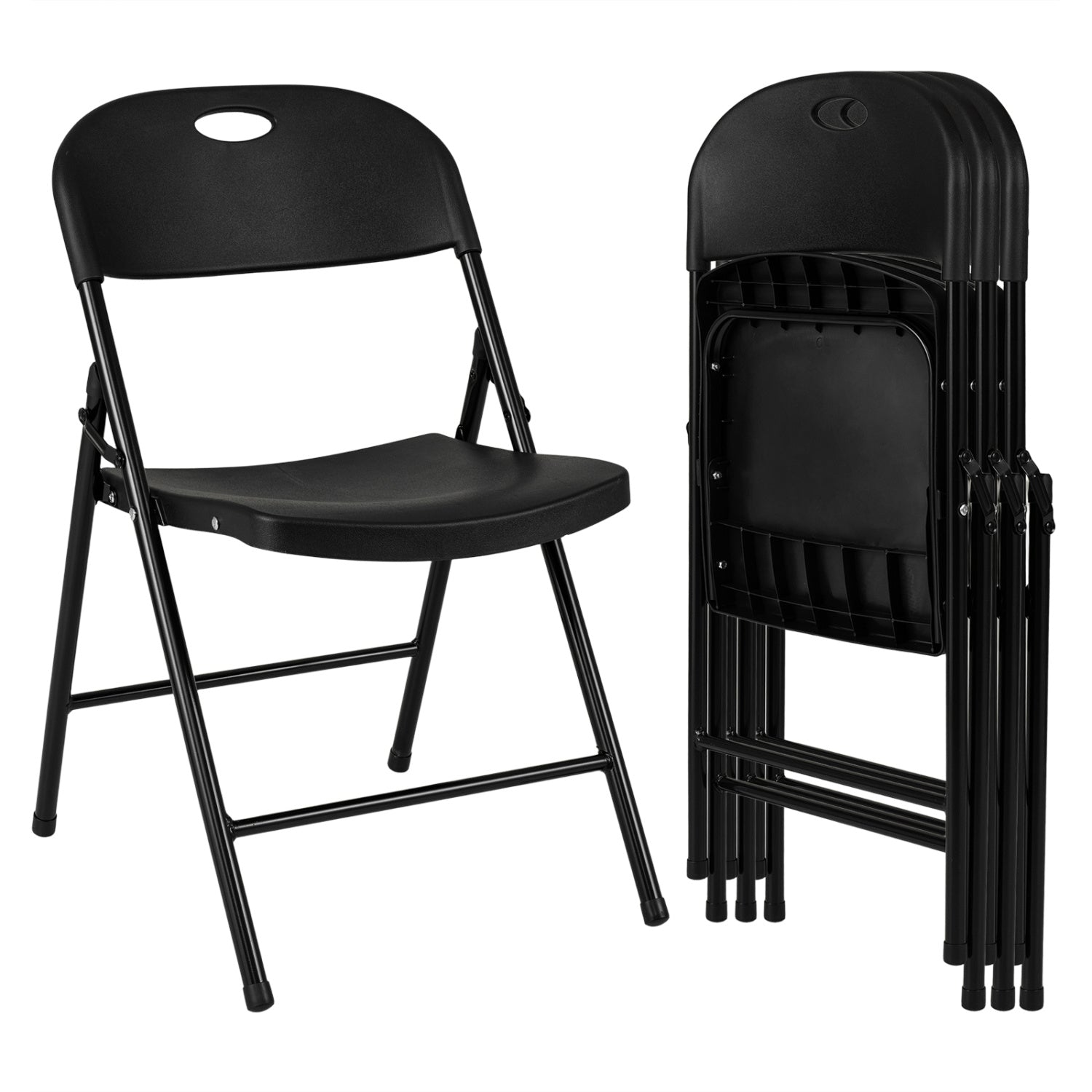 Set of 4 black foldable plastic dining chairs with ergonomic backrests by Wilsons Home Store, ideal for kitchen or dining room.