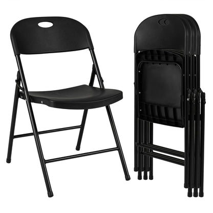 Set of 4 black foldable plastic dining chairs with ergonomic backrests by Wilsons Home Store, ideal for kitchen or dining room.