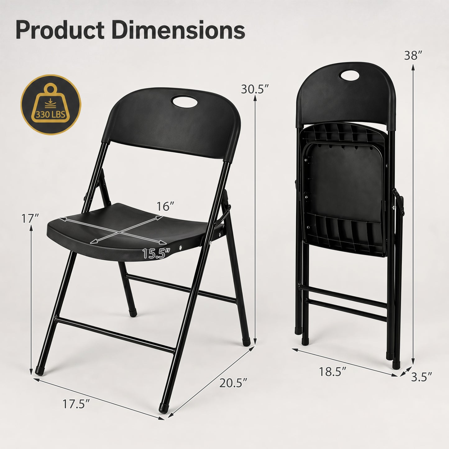 Set of 4 black foldable plastic dining chairs with ergonomic backrests by Wilsons Home Store, ideal for kitchen and dining rooms.