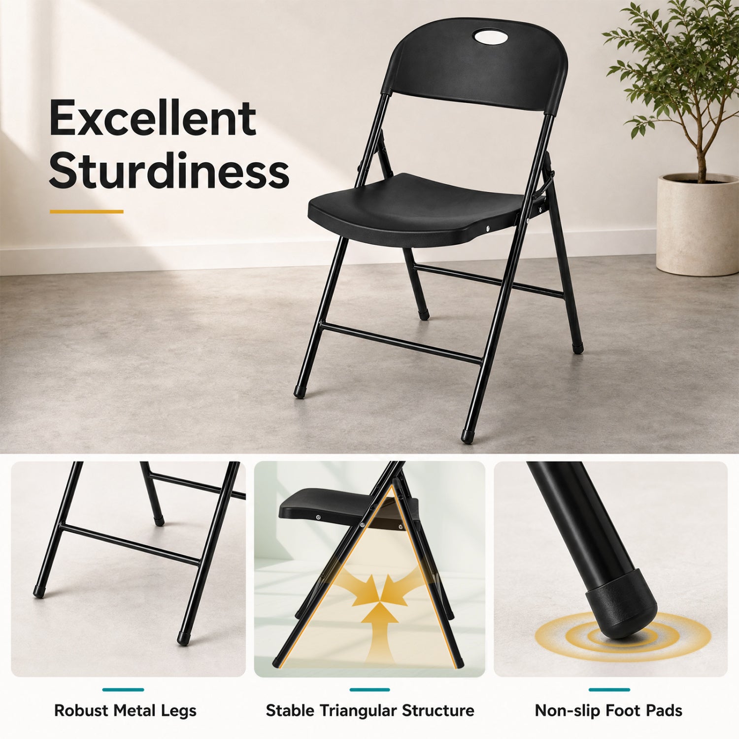 Set of 4 black foldable plastic dining chairs with ergonomic backrests, designed for versatile kitchen and dining room use.