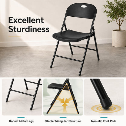 Set of 4 black foldable plastic dining chairs with ergonomic backrests, designed for versatile kitchen and dining room use.