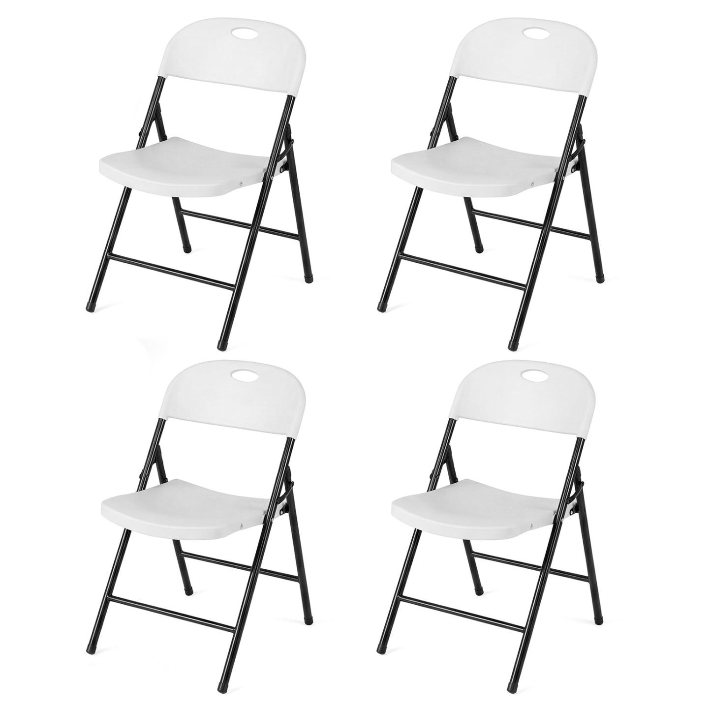 Set of four black foldable plastic dining chairs with ergonomic backrests, designed for comfortable kitchen and dining room seating.