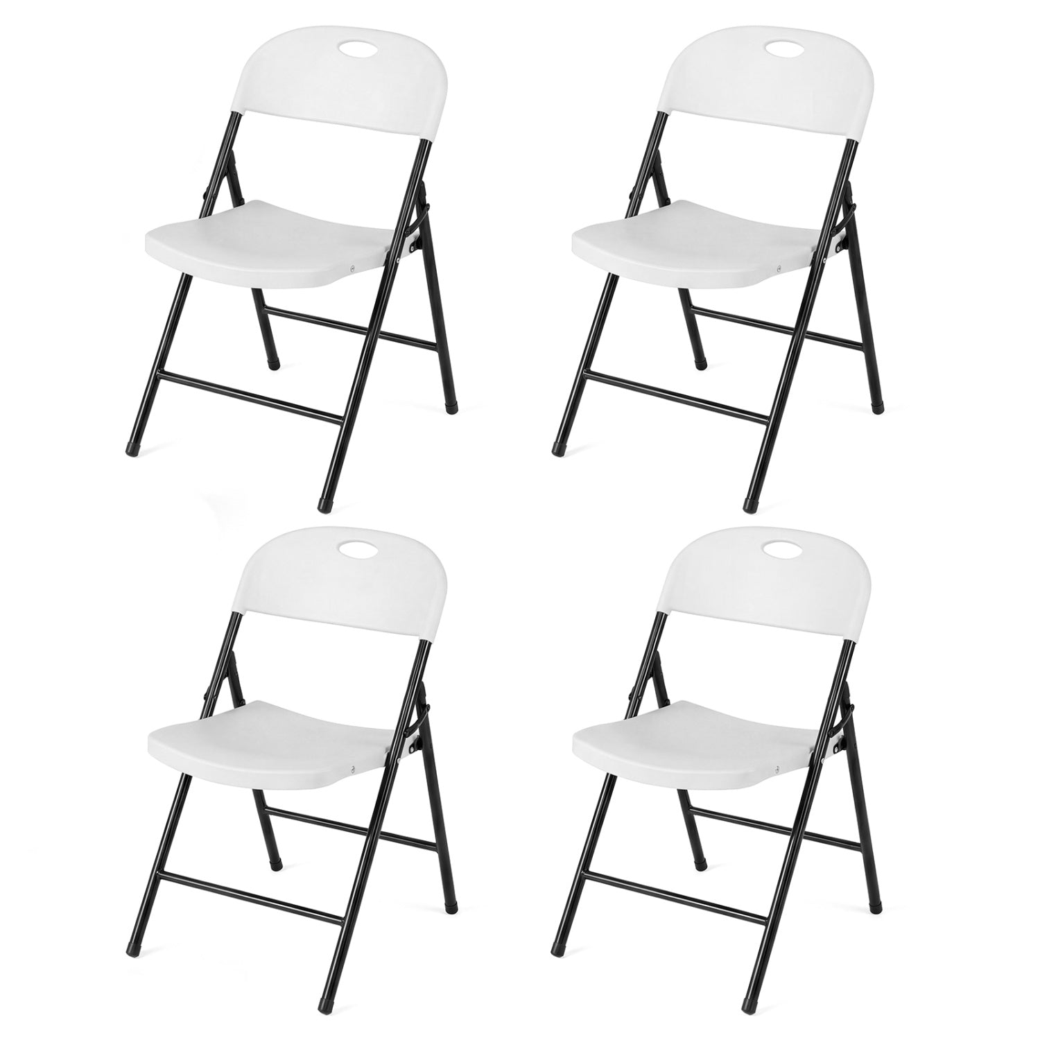 Set of four black foldable plastic dining chairs with ergonomic backrests, designed for comfortable kitchen and dining room seating.