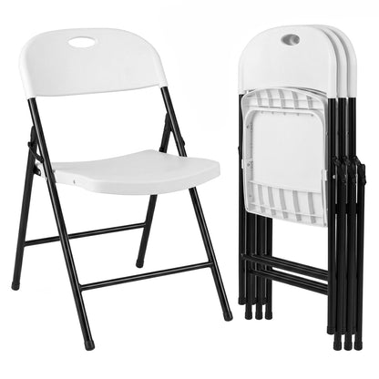 Set of 4 black foldable plastic dining chairs with ergonomic backrests, designed for comfortable seating and easy storage.