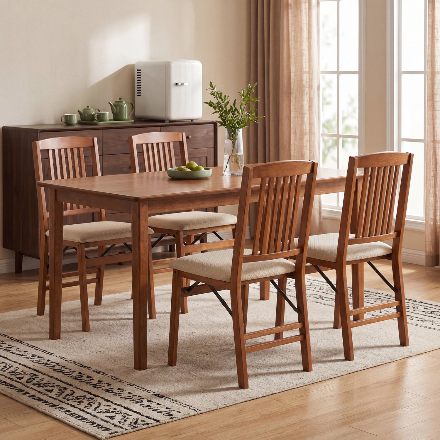 Set of 4 beige foldable upholstered kitchen dining chairs with padded seats, designed for comfortable seating and easy storage.