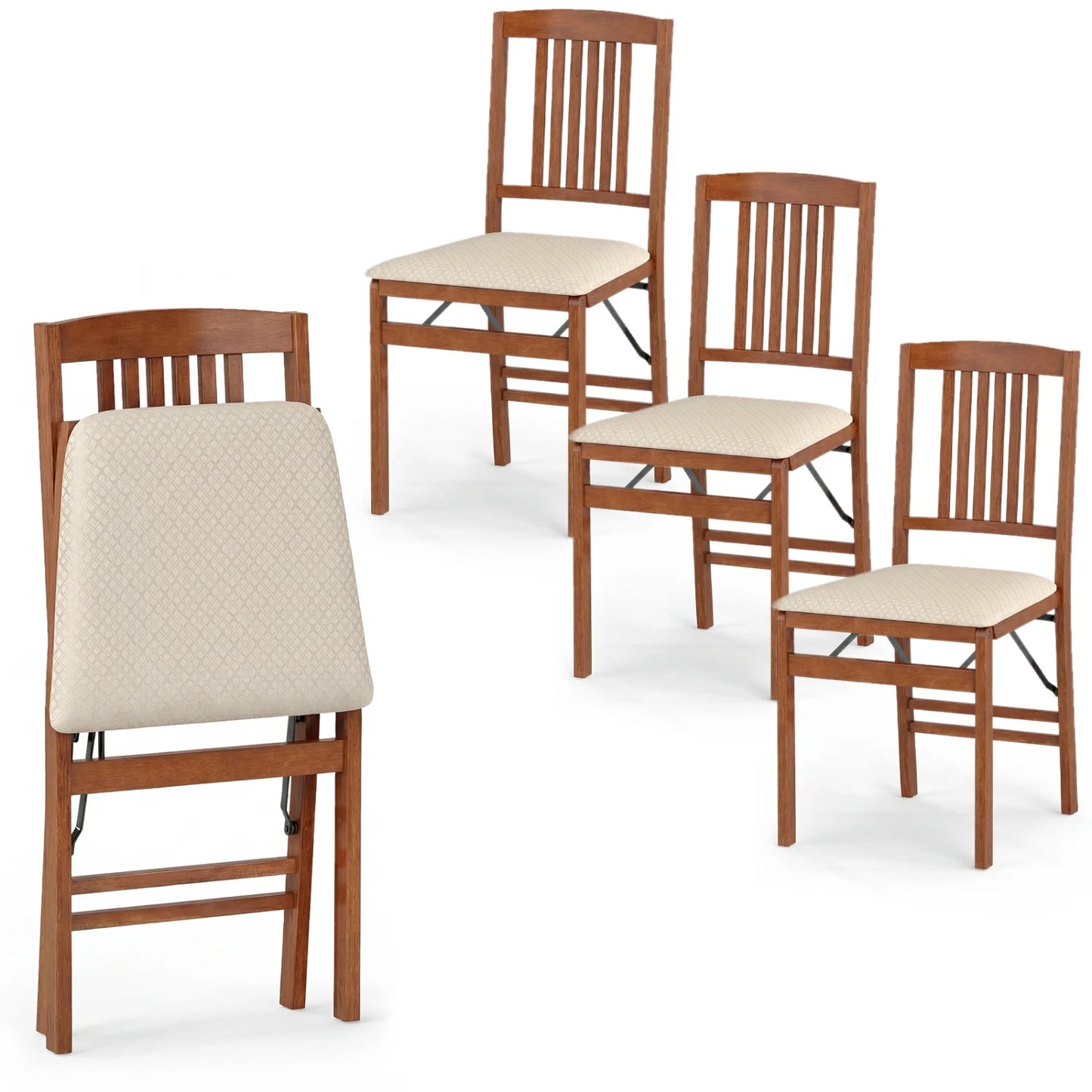 Set of four beige foldable upholstered kitchen dining chairs with padded seats, designed for comfortable seating and easy storage.