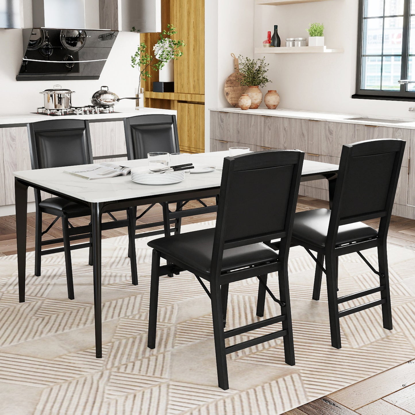 Set of 4 Folding Dining Chairs with Padded Seat and High Backrest-Black