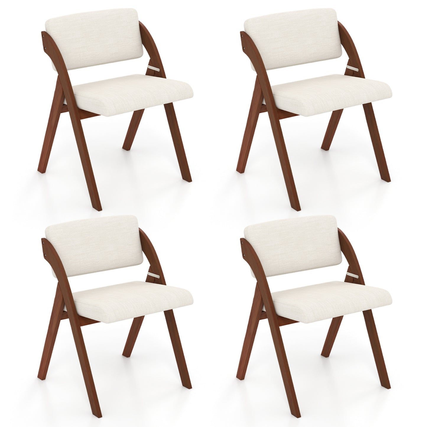 Set of 4 folding kitchen dining chairs with walnut rubber wood legs, wooden seats, and a compact, versatile design.