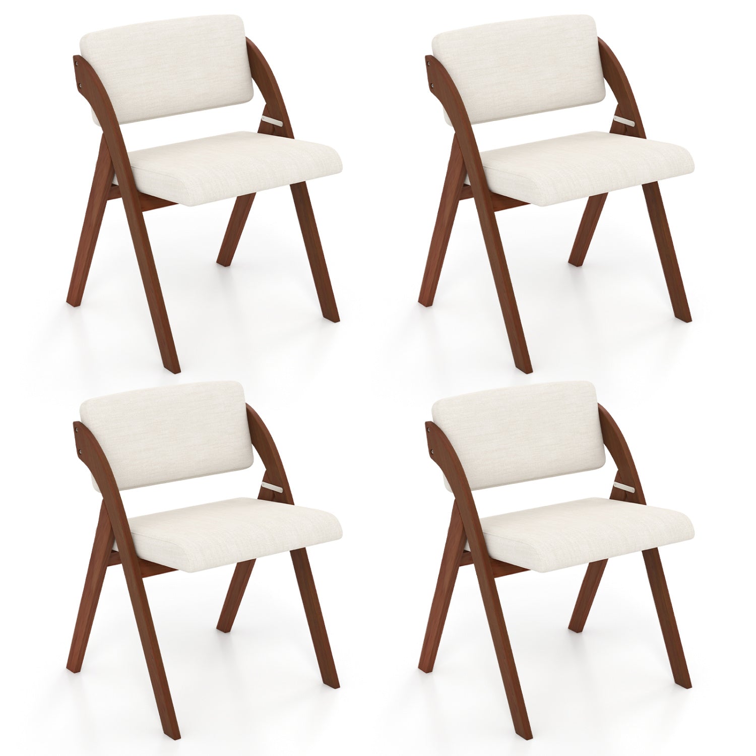 Set of 4 folding kitchen dining chairs with walnut rubber wood legs, wooden seats, and a compact, versatile design.