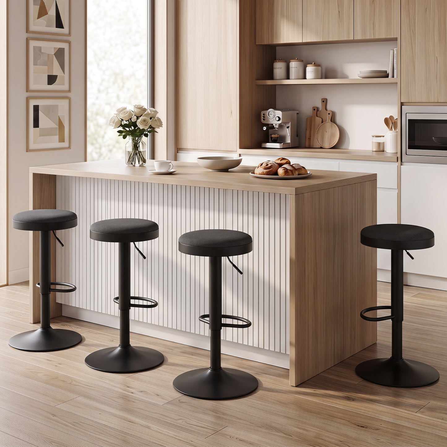 Set of 4 Kitchen Bar Stools with Height Adjustment Padded Seat and D-Shaped Footrest-Black