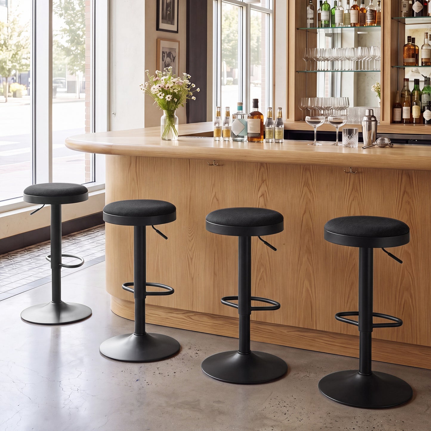Set of 4 Kitchen Bar Stools with Height Adjustment Padded Seat and D-Shaped Footrest-Black