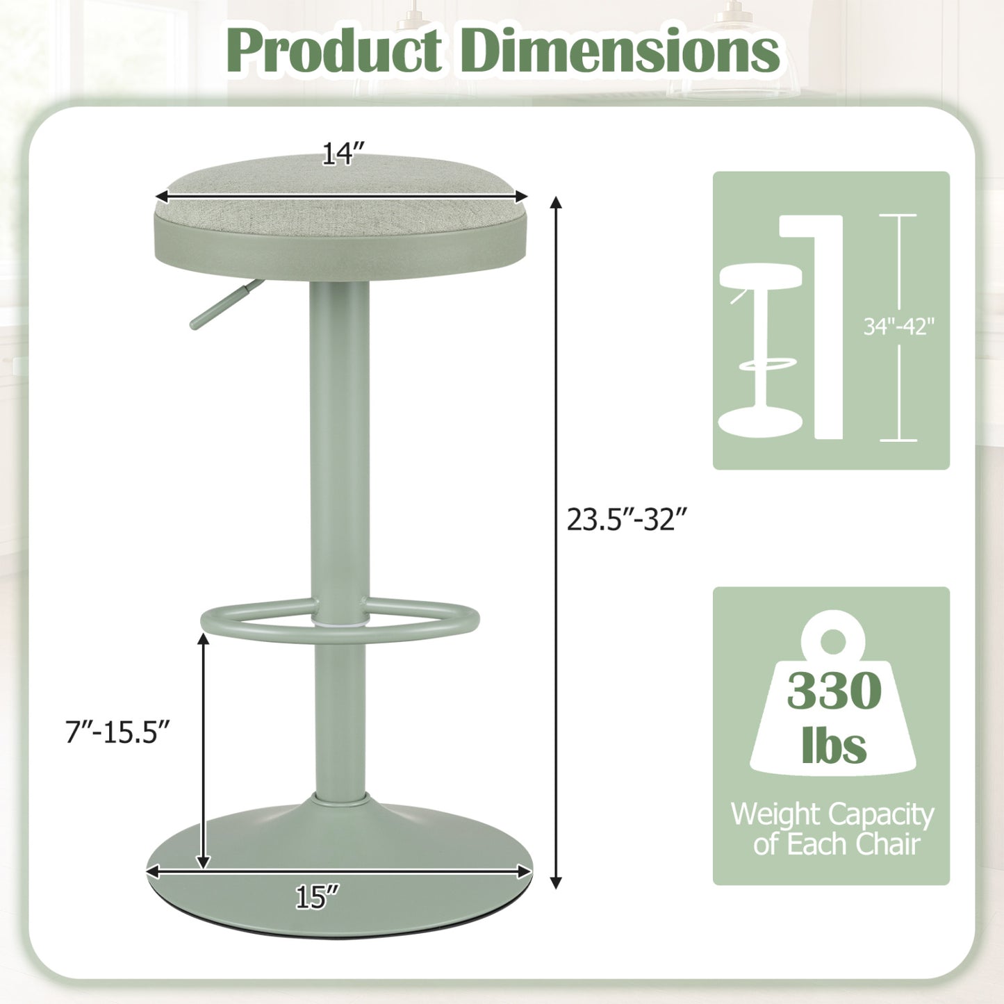 Set of 4 Kitchen Bar Stools with Height Adjustment Padded Seat and D-Shaped Footrest-Black