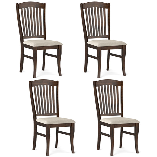 Set of 4 brown and white kitchen side chairs with rubber wood frames and padded seats, from Wilsons Home Store.