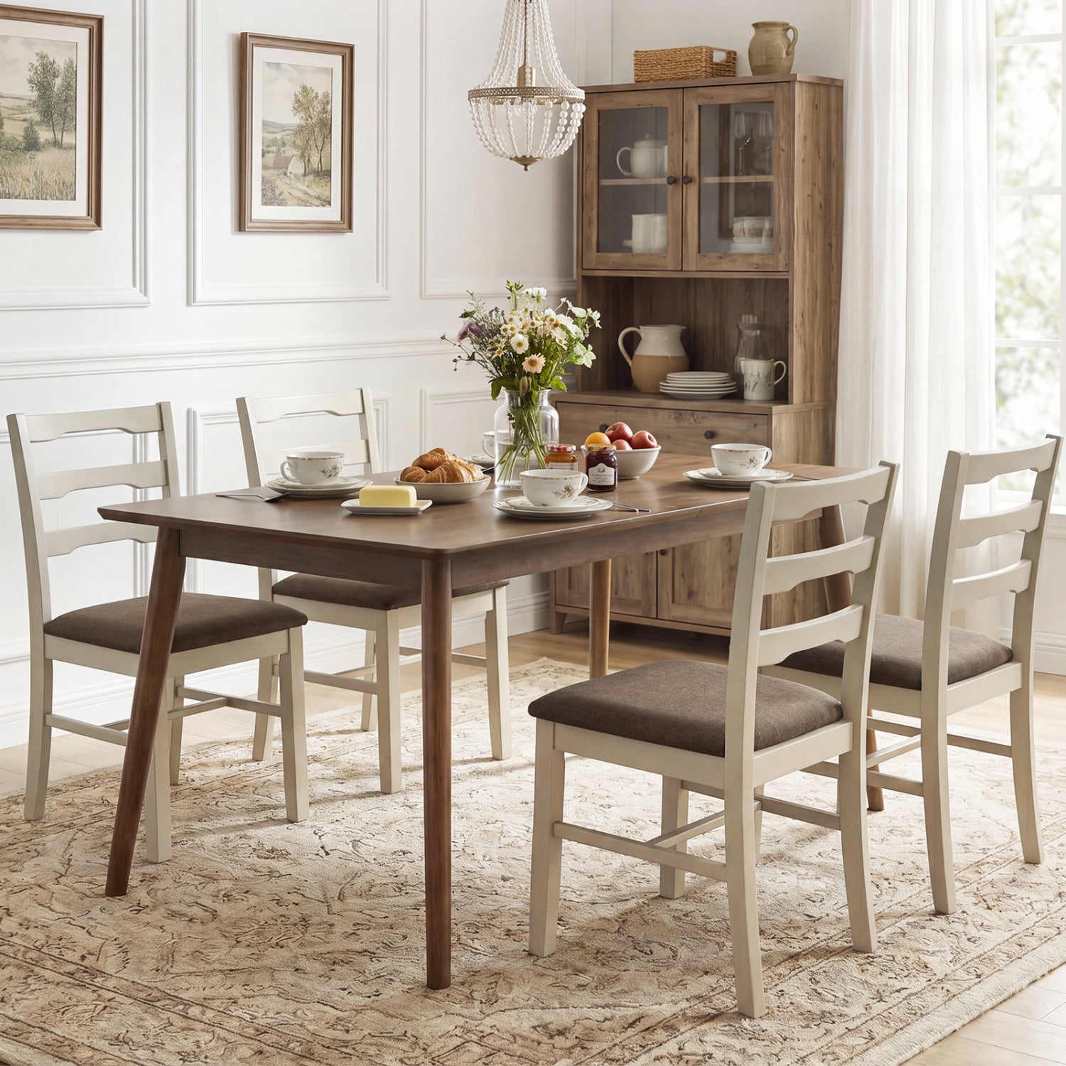 Set of 4 white linen style upholstered dining chairs with wood frames, ideal for kitchen and dining room decor.