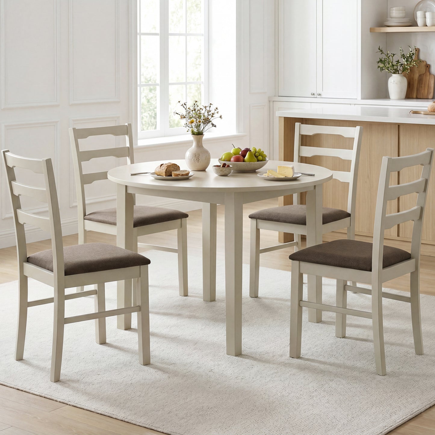 Set of 4 linen style upholstered dining chairs with wood frames, white fabric, modern kitchen and dining room furniture.