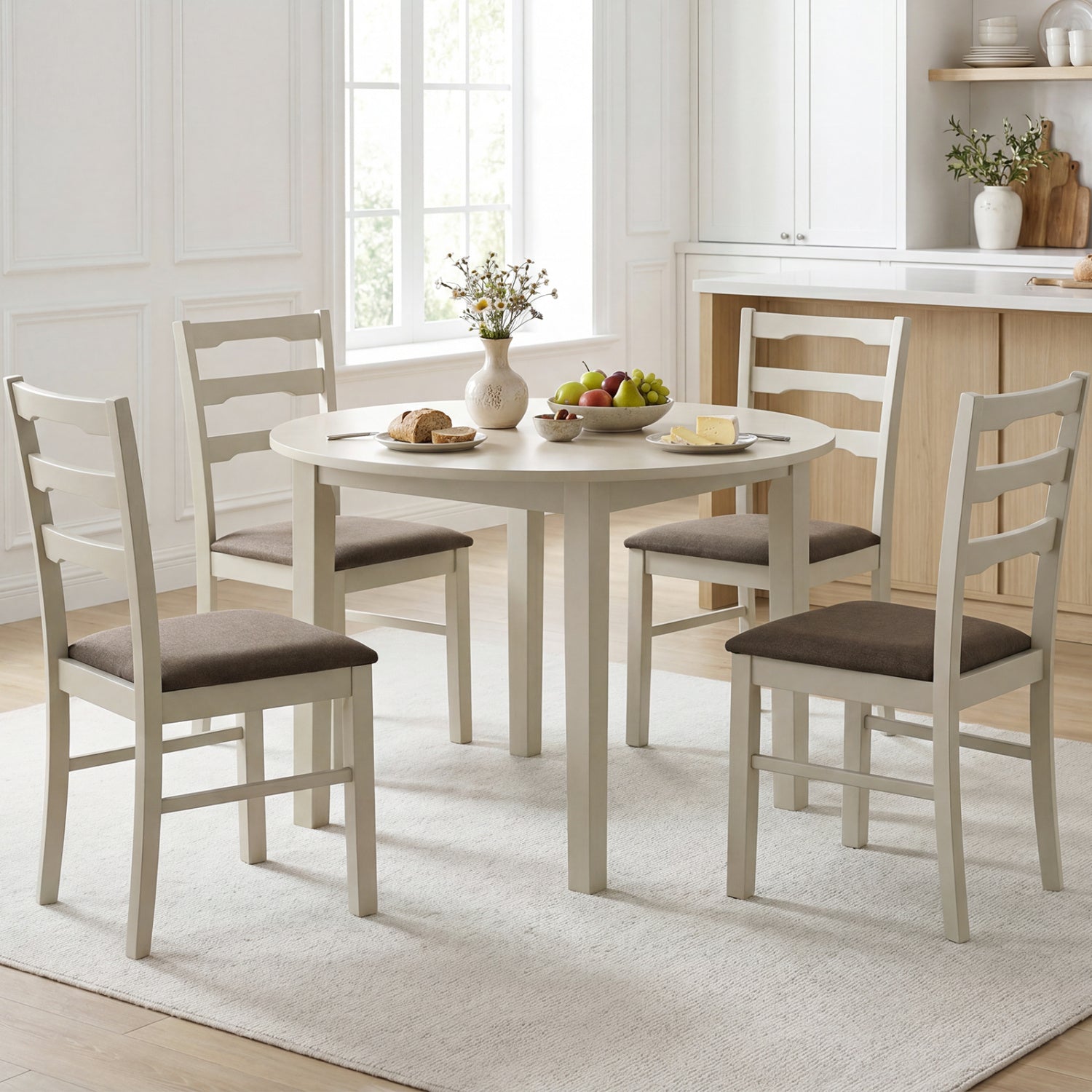 Set of 4 linen style upholstered dining chairs with wood frames, white fabric, modern kitchen and dining room furniture.