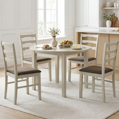 Set of 4 linen style upholstered dining chairs with wood frames, white fabric, modern kitchen and dining room furniture.