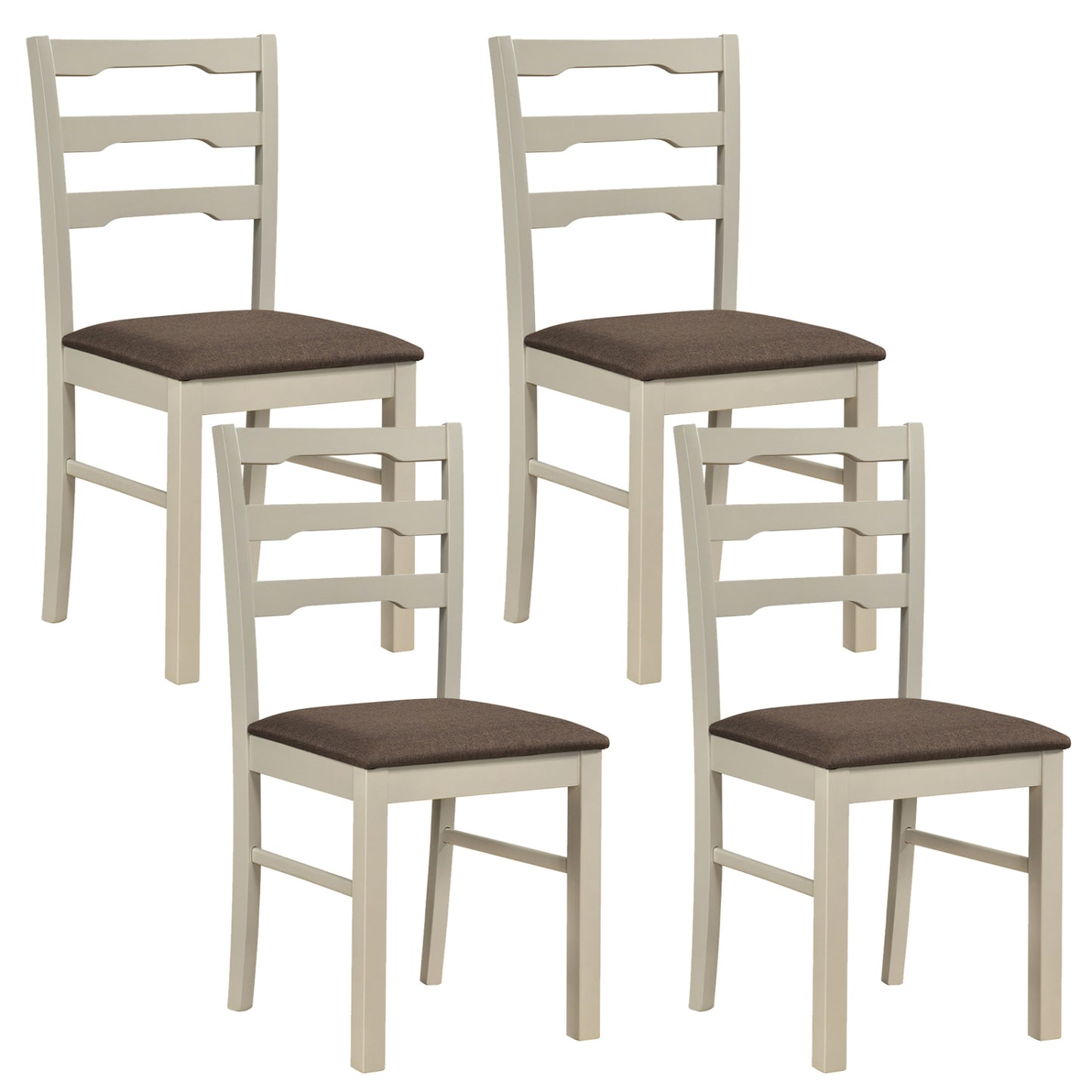 Set of 4 linen style upholstered dining chairs with wood frames in white, designed for kitchen and dining room decor.