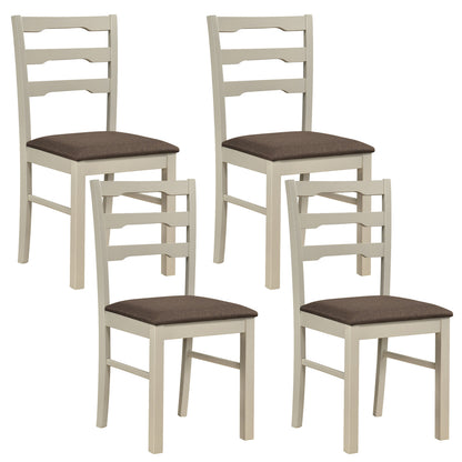 Set of 4 linen style upholstered dining chairs with wood frames in white, designed for kitchen and dining room decor.
