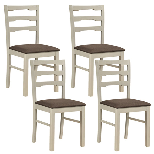 Set of 4 linen style upholstered dining chairs with wood frames in white, designed for kitchen and dining room decor.