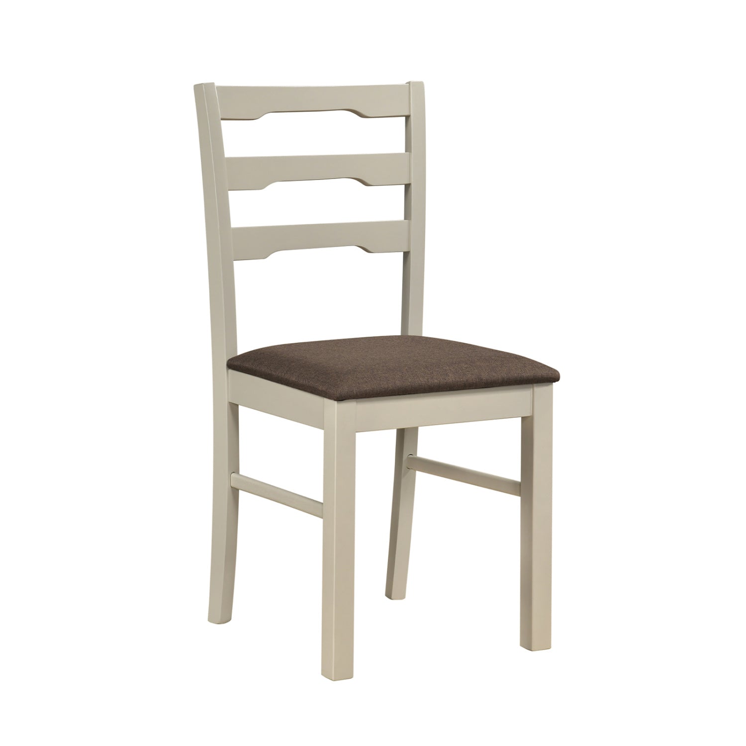 Set of 4 linen style upholstered dining chairs with white fabric and wood frames, designed for kitchen and dining room use.