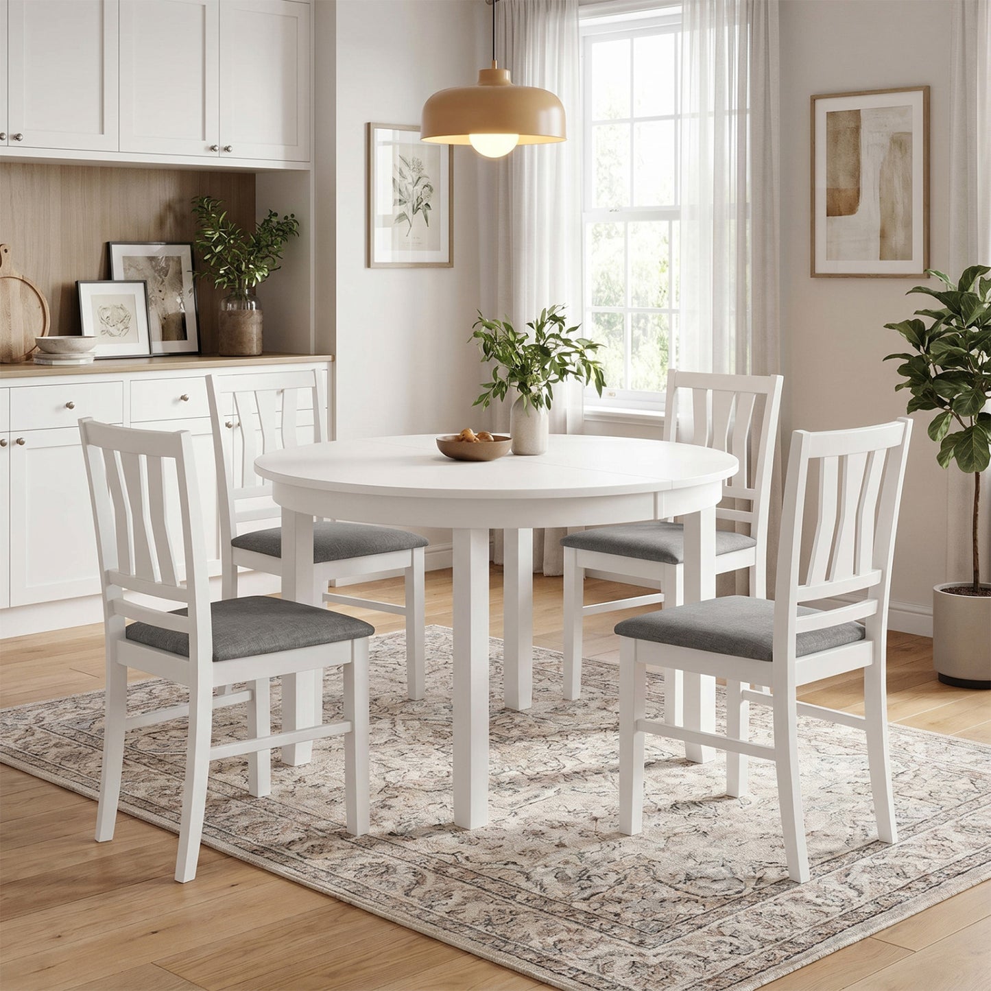 Set of 4 linen style upholstered kitchen chairs with wood frames, featuring white fabric and sturdy wooden legs.