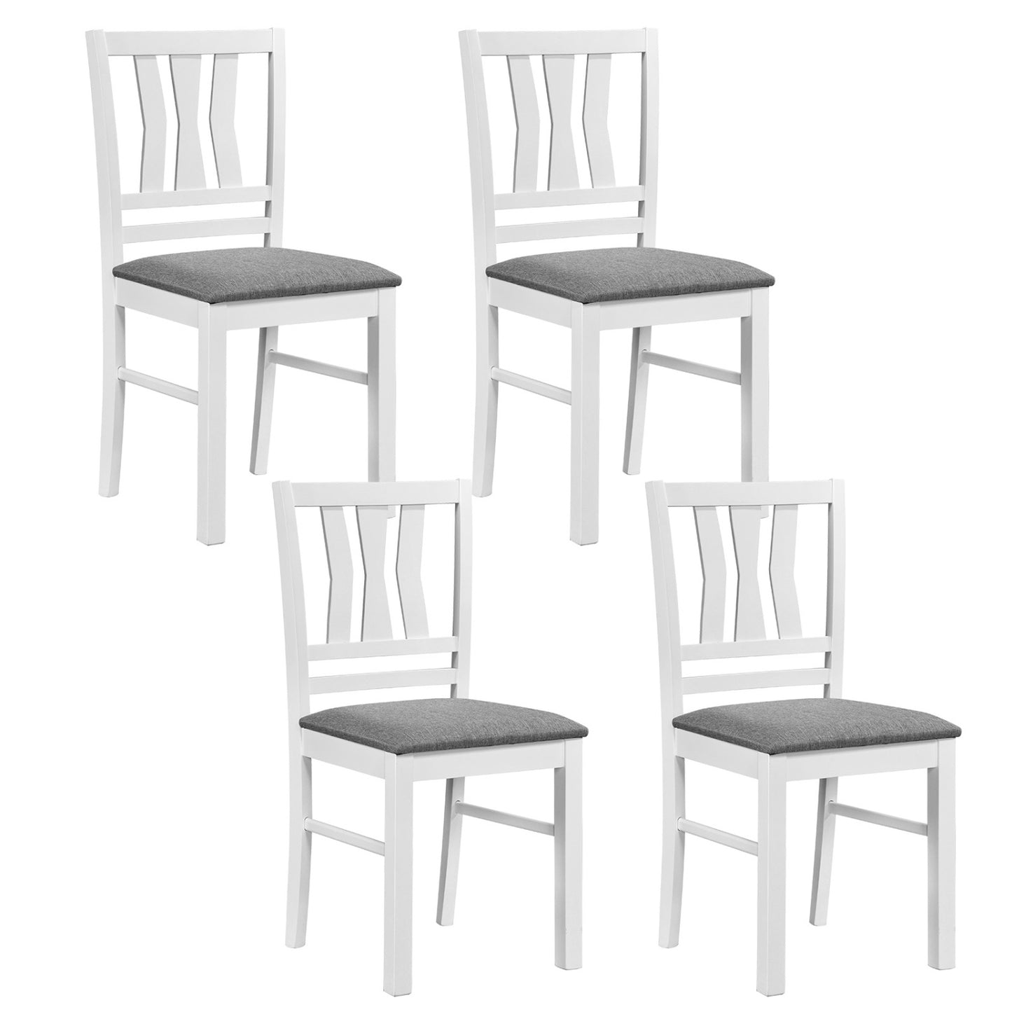 Set of 4 linen style upholstered kitchen chairs with wood frames, white fabric, and modern dining chair design.