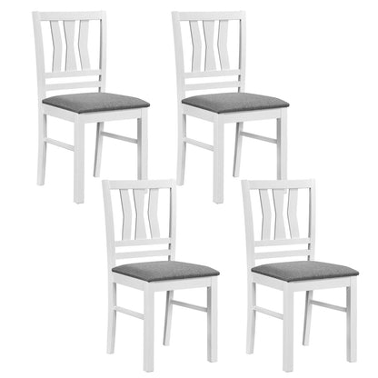 Set of 4 linen style upholstered kitchen chairs with wood frames, white fabric, and modern dining chair design.