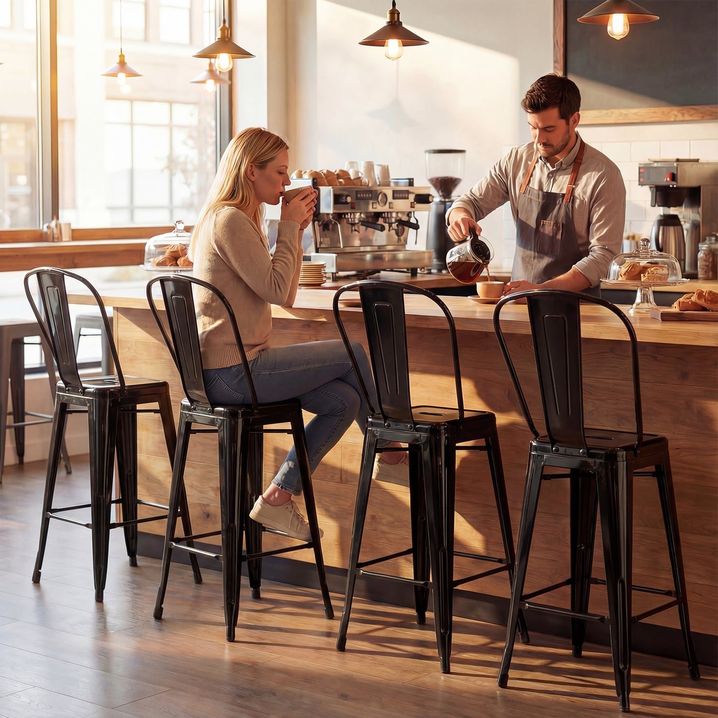 Set of 4 Metal Bar Stools with Backrests and Footrests-Black