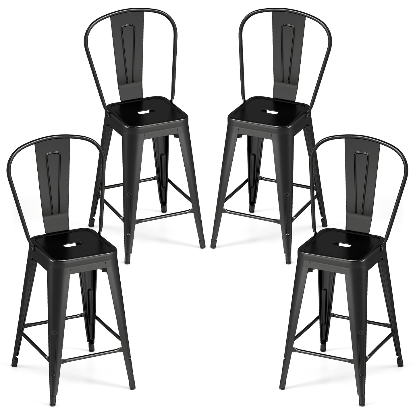 Set of 4 Metal Bar Stools with Backrests and Footrests-Black