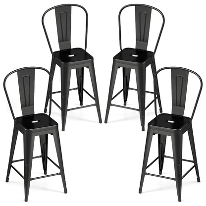 Set of 4 Metal Bar Stools with Backrests and Footrests-Black