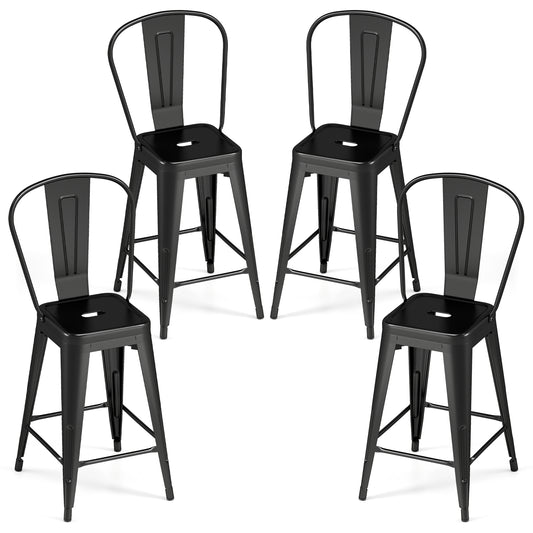Set of 4 Metal Bar Stools with Backrests and Footrests-Black