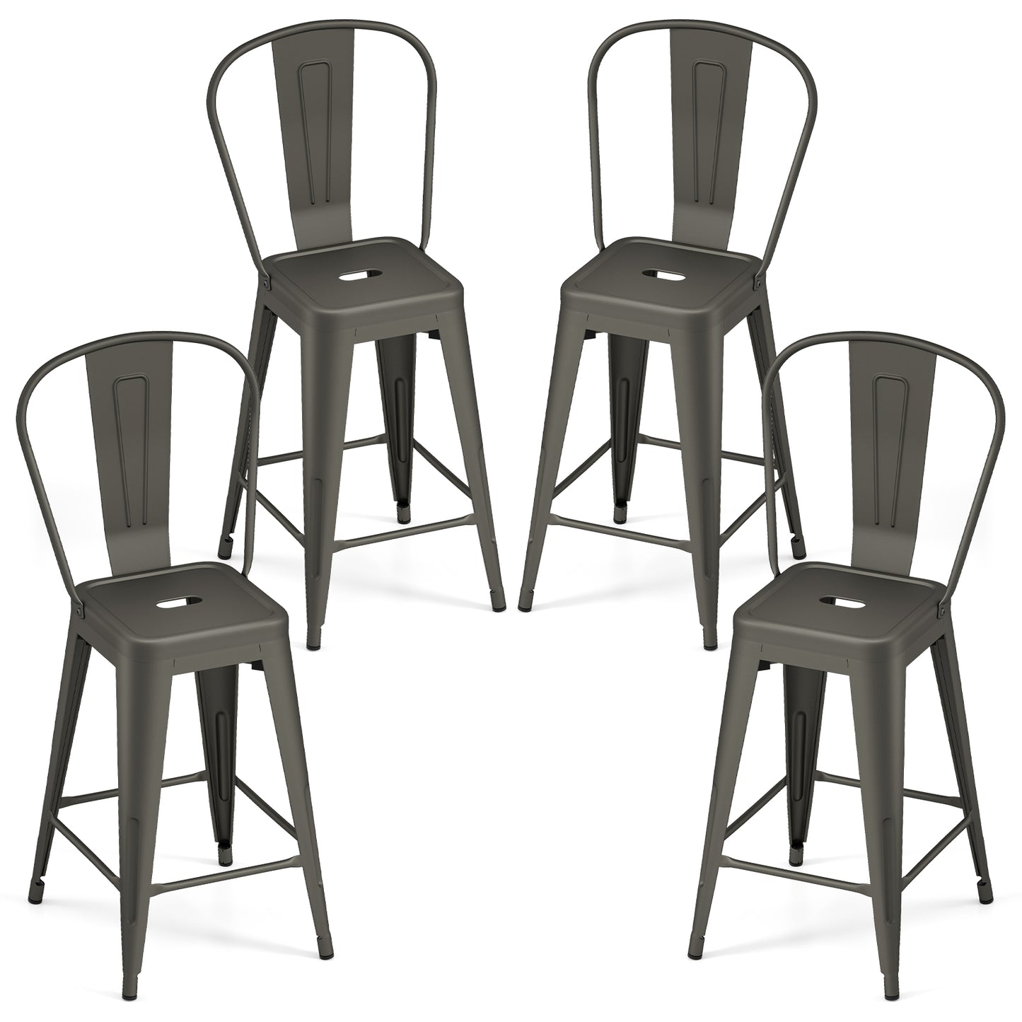 Set of 4 Metal Bar Stools with Backrests and Footrests-Black