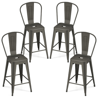 Set of 4 Metal Bar Stools with Backrests and Footrests-Black