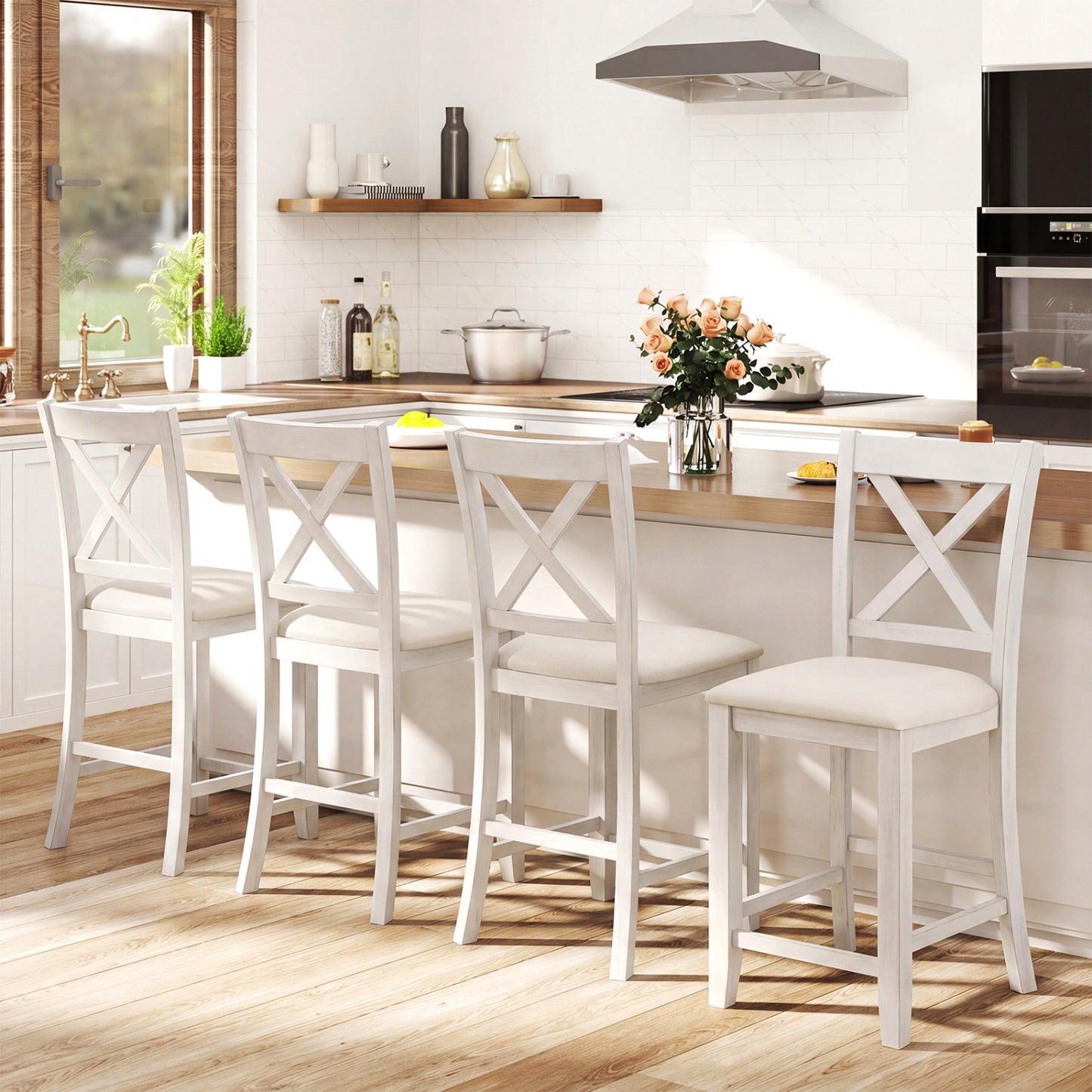 Set of 4 white modern farmhouse counter height bar stools with footrests, designed for kitchen and dining spaces.