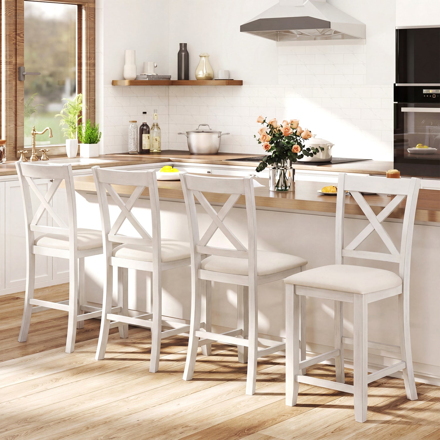 Set of 4 white modern farmhouse counter height bar stools with footrests, designed for kitchen and dining spaces.